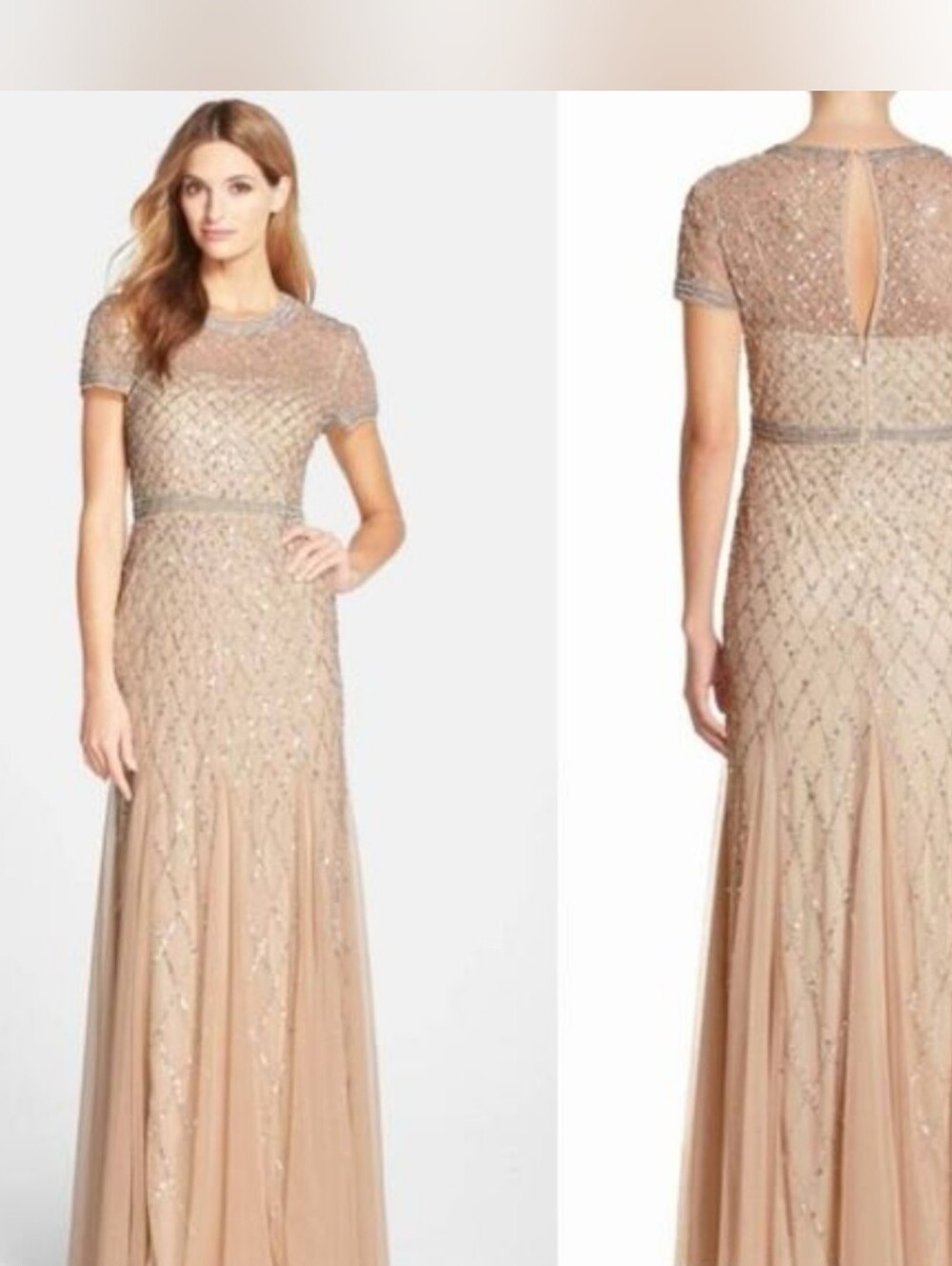 Adrianna Papell NWT Size 8 Beaded Short-Sleeve Maxi Gown in Champagne